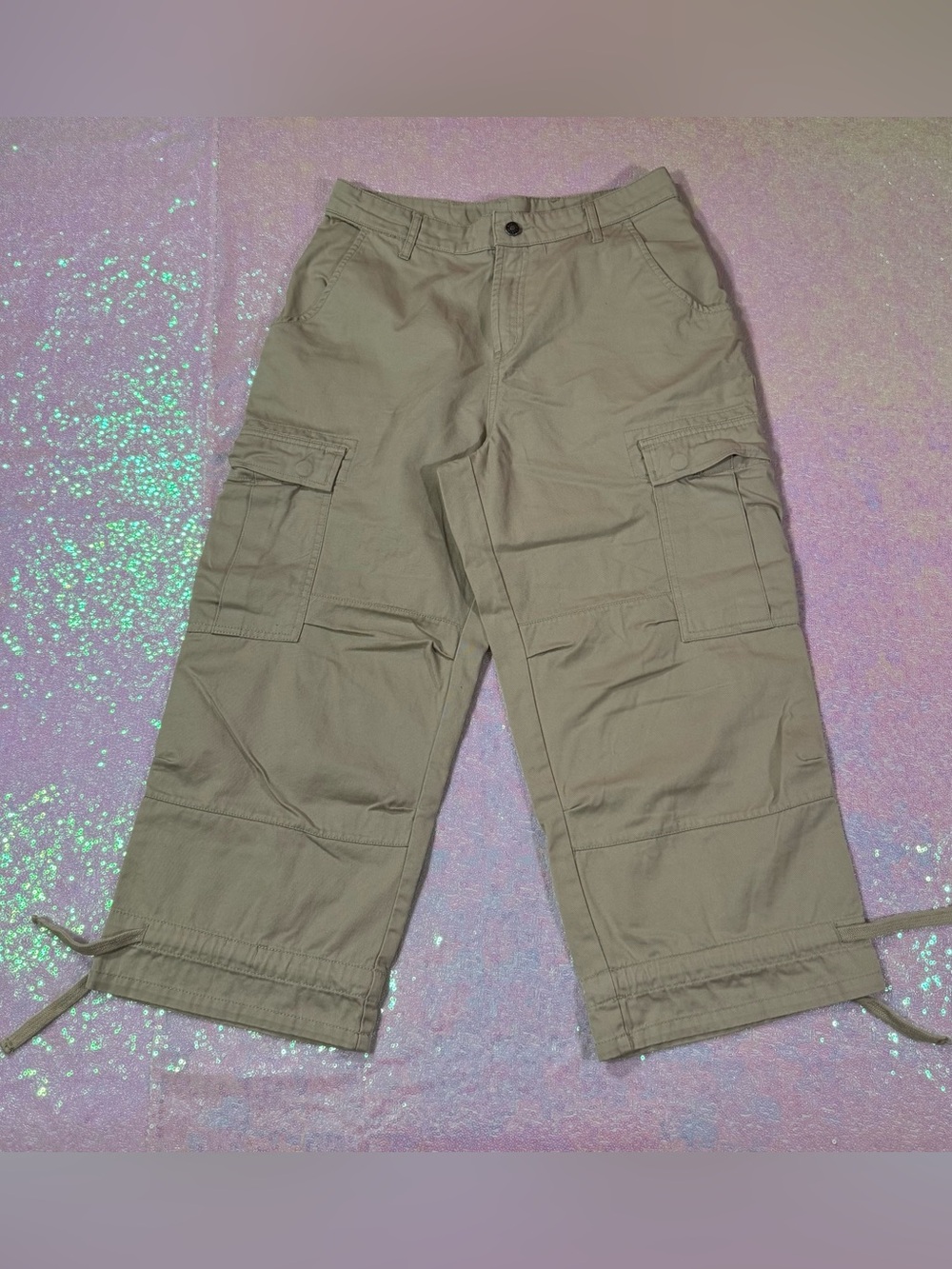 Khaki Beige Wide Leg Capri Cargo Pants (28") ★彡